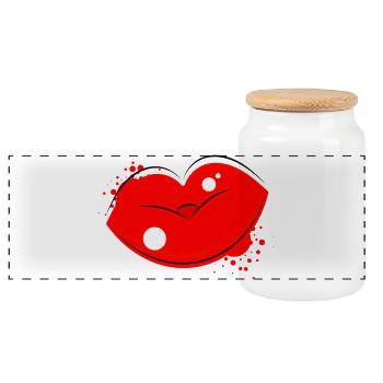 Red Kissing Lips Pop Art - Panoramic Cookie Jar with Wooden Lid - white - Front
