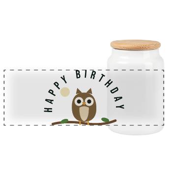 OWL. NICE. HAPPY BIRTHDAY - Panoramic Cookie Jar with Wooden Lid - white - Front