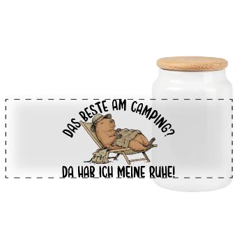 Camping Da hab ich meine Ruhe Capybara Liegestuhl - Panorama Keksdose mit Holzdeckel - Weiß - Vorne
