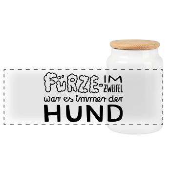 Fürze – Im Zweifel war es der Hund – Geschenkidee - Panorama Keksdose mit Holzdeckel - Weiß - Vorne