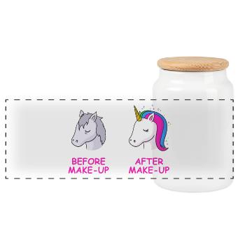 Make-Up Einhorn T-Shirt Geschenk Idee Geburtstag - Panorama Keksdose mit Holzdeckel - Weiß - Vorne