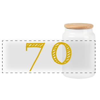 70 JAHRE. 70-jähriges JUBILÄUM. JUBILÄUM 70 JAHRE. 70 - Panorama Keksdose mit Holzdeckel - Weiß - Vorne