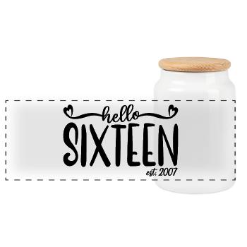 16th Birthday Women Hello Sixteen Est. 2007 - Panoramic Cookie Jar with Wooden Lid - white - Front