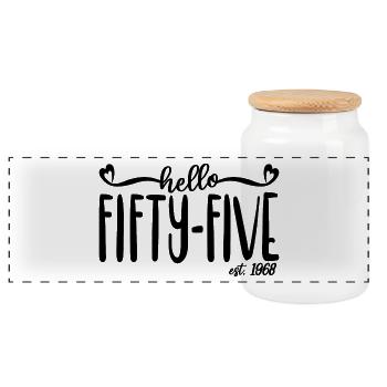55th Birthday Women Hello Fifty-Five Est. 1968 - Panoramic Cookie Jar with Wooden Lid - white - Front