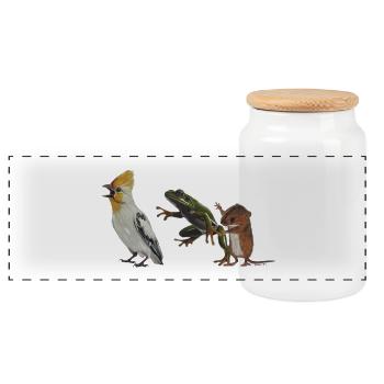 The Polonaise or Bird, Frog and Mouse - Panoramic Cookie Jar with Wooden Lid - white - Front