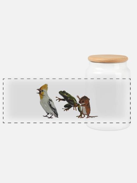 The Polonaise or Bird, Frog and Mouse - Panoramic Cookie Jar with Wooden Lid - white