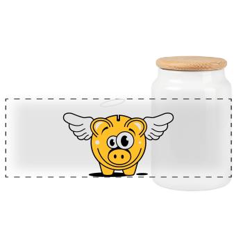 A piggy bank with wings and halo - Panoramic Cookie Jar with Wooden Lid - white - Front