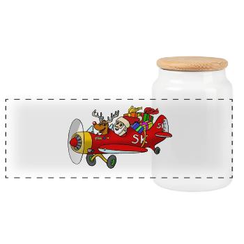 Santa on the plane - Panoramic Cookie Jar with Wooden Lid - white - Front