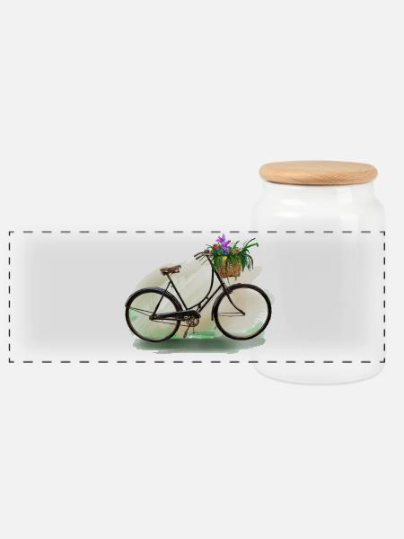 Blumenfahrrad mit Korb - Panorama Keksdose mit Holzdeckel - Weiß