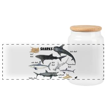 Sharks of the world: whale, porbeagle, angelfish - Panoramic Cookie Jar with Wooden Lid - white - Front