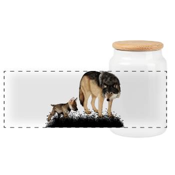 Stunning wolf with puppy in the woods - Panoramic Cookie Jar with Wooden Lid - white - Front