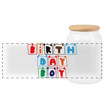 Birthday Boy Color Banner - Panoramic Cookie Jar with Wooden Lid - white - Front