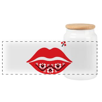 Red lips and flowers - traditional romanian motifs - Panoramic Cookie Jar with Wooden Lid - white - Front