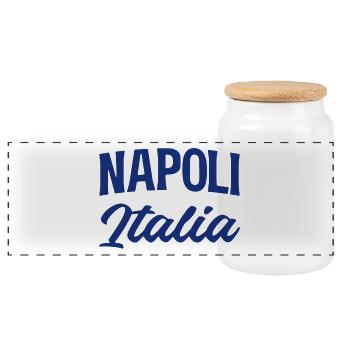 Napoli Italia Script in Blue - Panoramic Cookie Jar with Wooden Lid - white - Front