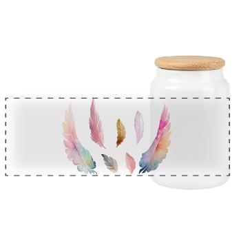 Farbiges Aquarellgefieder - Panorama Keksdose mit Holzdeckel - Weiß - Vorne