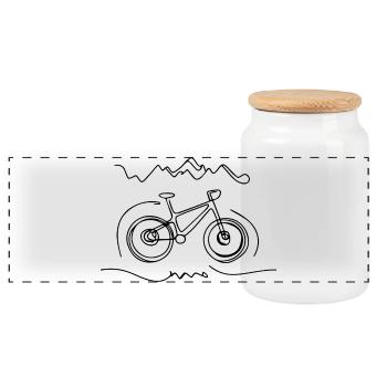 Minimalist Mountain and Bicycle Line Art - Panoramic Cookie Jar with Wooden Lid - white - Front