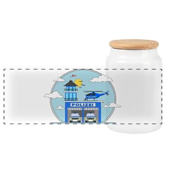 Police Station Helicopter and Police Car - Panoramic Cookie Jar with Wooden Lid - white - Front