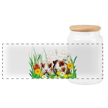 Two guinea pigs in the magic of flower meadows - Panoramic Cookie Jar with Wooden Lid - white - Front