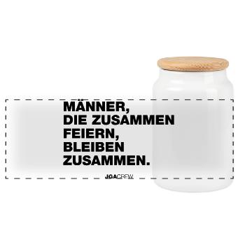 JGA: Männer, die zusammen feiern, bleiben zusammen - Panorama Keksdose mit Holzdeckel - Weiß - Vorne