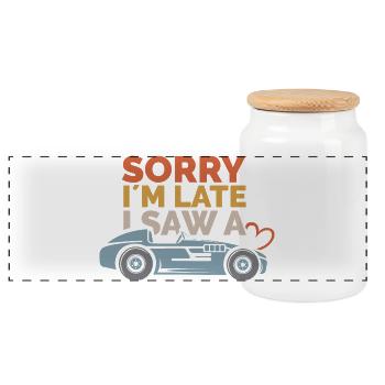 Sorry, i´m late – Auto Sprüche Design - Panorama Keksdose mit Holzdeckel - Weiß - Vorne