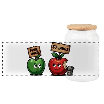 Lustiges Äpfel-Motiv mit Free Hugs Gag - Panorama Keksdose mit Holzdeckel - Weiß - Vorne