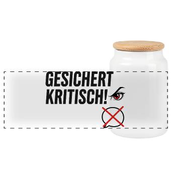 Gesichert Kritisch! Spruch Augen Design - Panorama Keksdose mit Holzdeckel - Weiß - Vorne