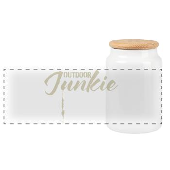 Abenteuerlicher Outdoor-Junkie Schriftzug - Panorama Keksdose mit Holzdeckel - Weiß - Vorne