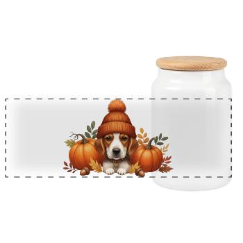 Dog With Pumpkin And Leaves Autumn Design - Panoramic Cookie Jar with Wooden Lid - white - Front