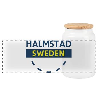 Halmstad Sweden Sign Arc - Panoramic Cookie Jar with Wooden Lid - white - Front