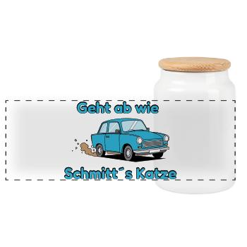 Geht ab wie Schmitts Katze DDR-Auto - Panorama Keksdose mit Holzdeckel - Weiß - Vorne