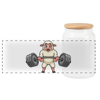 Strong sheep with dumbbell strength training cartoon - Panoramic Cookie Jar with Wooden Lid - white - Front