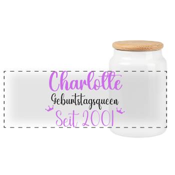 Charlotte Geburtstagsqueen seit 2001 Geschenk - Panorama Keksdose mit Holzdeckel - Weiß - Vorne