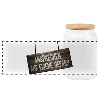 Ansprechen auf eigene Gefahr – Humor Schild - Panorama Keksdose mit Holzdeckel - Weiß - Vorne