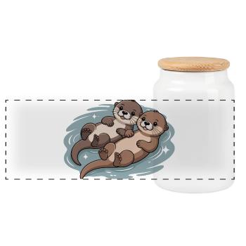 Cute Otter Couple - Panoramic Cookie Jar with Wooden Lid - white - Front