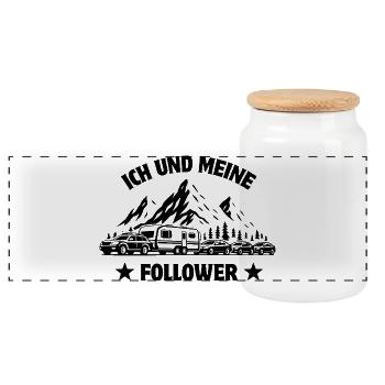 Me and my followers - Caravan - Sidecar traffic jam - Panoramic Cookie Jar with Wooden Lid - white - Front