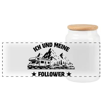 Me and my followers - Motorhome - Traffic jam - Panoramic Cookie Jar with Wooden Lid - white - Front