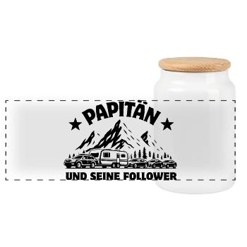 Papitän und seine Follower - Caravan - Stau - Panorama Keksdose mit Holzdeckel - Weiß - Vorne