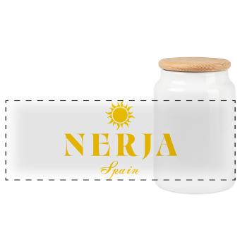 Nerja Sun Spanien-Logo - Panorama Keksdose mit Holzdeckel - Weiß - Vorne