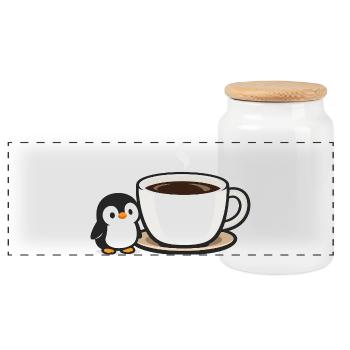 Coffee penguin with cup design - Panoramic Cookie Jar with Wooden Lid - white - Front