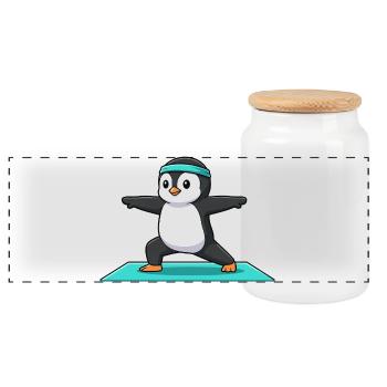 Yoga-Pinguinvogel in Kriegerhaltung - Panorama Keksdose mit Holzdeckel - Weiß - Vorne