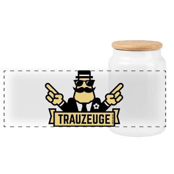 Trauzeuge Handzeichen (Polterabend / JGA / 2C) - Panorama Keksdose mit Holzdeckel - Weiß - Vorne