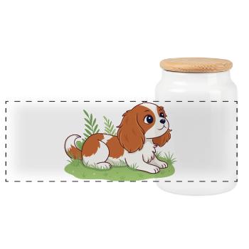Puppy Rider on Happy Grass - Panoramic Cookie Jar with Wooden Lid - white - Front