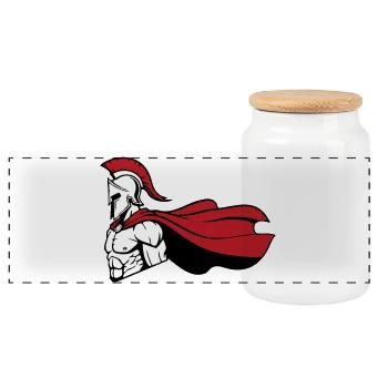 Spartiate_Guerrier_Mascotte_Casque_Cape_Rouge - Panorama Keksdose mit Holzdeckel - Weiß - Vorne