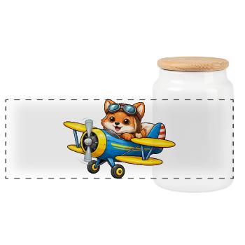 Fuchs Pilot Doppeldecker Flugzeug Cartoon   - Panorama Keksdose mit Holzdeckel - Weiß - Vorne