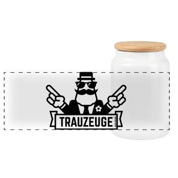 Trauzeuge Handzeichen (Polterabend / JGA / 1C) - Panorama Keksdose mit Holzdeckel - Weiß - Vorne