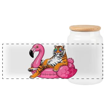 Cool Tiger auf Flamingo-Boje – Sommer-Rig-Design - Panorama Keksdose mit Holzdeckel - Weiß - Vorne