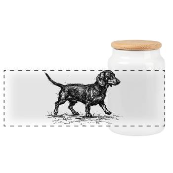Dackel Sketch – Minimalistisches Hund Design - Panorama Keksdose mit Holzdeckel - Weiß - Vorne