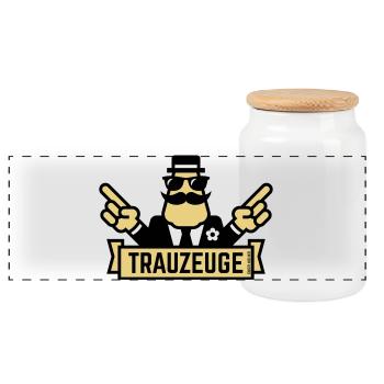 Trauzeuge Handzeichen (Polterabend / JGA / 3C) - Panorama Keksdose mit Holzdeckel - Weiß - Vorne