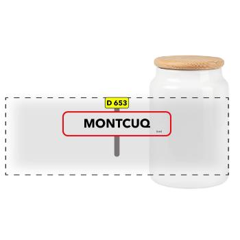 Montcuq t shirt road sign humor - Panoramic Cookie Jar with Wooden Lid - white - Front