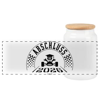 Abschluss 2026 (Schulabschluss / Zieleinfahrt / B) - Panorama Keksdose mit Holzdeckel - Weiß - Vorne
